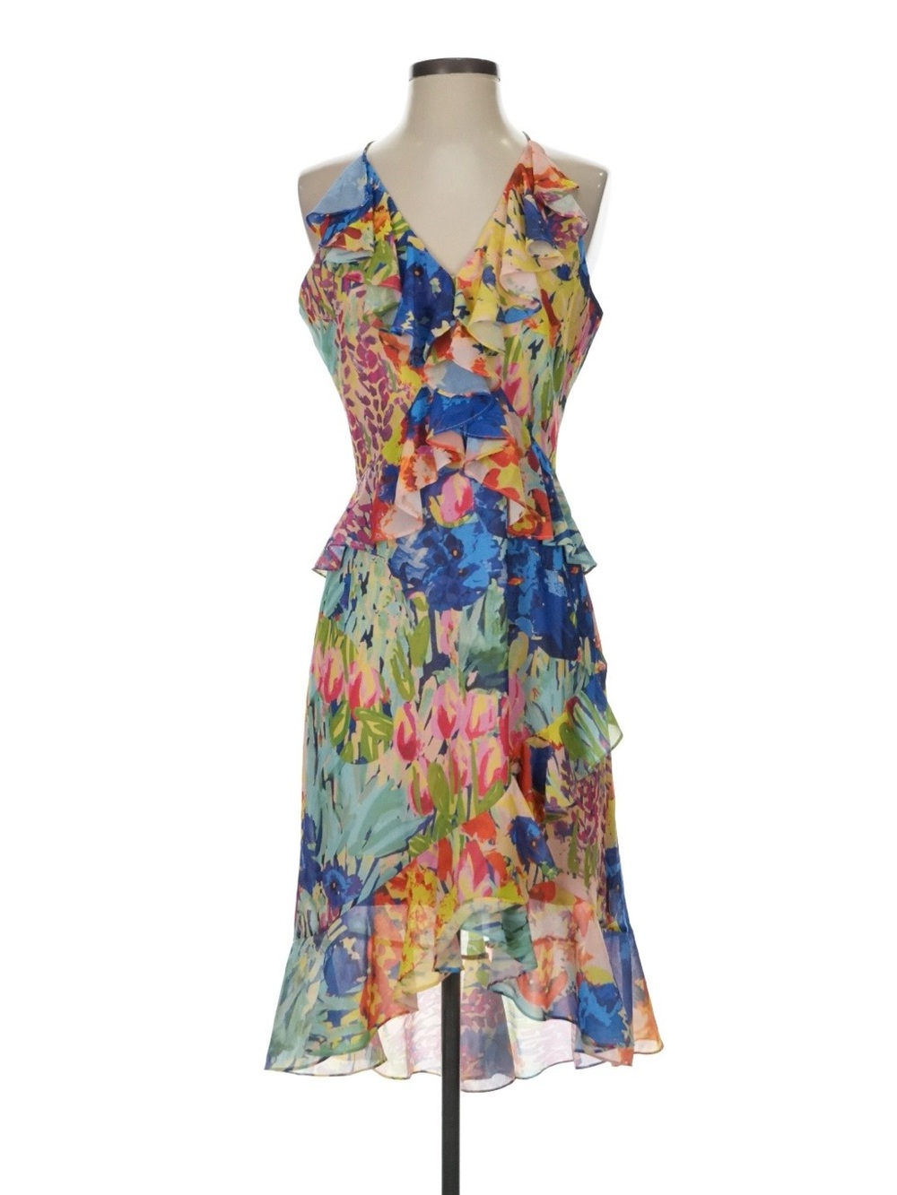 Badgley Mischka Multicolor Floral Ruffle Midi Dress